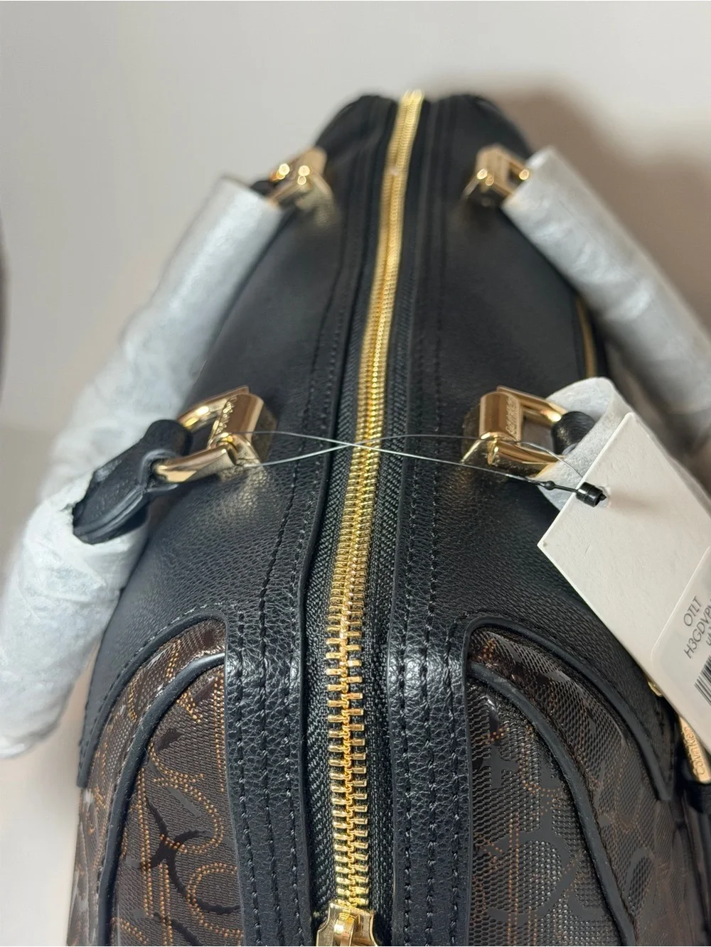 Calvin Klein Brown Monogram Satchel with Gold Hardware
